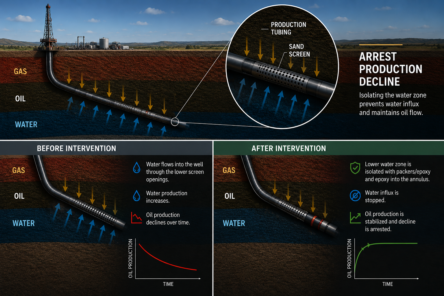 Cross-section showing gas, oil, and water zones with water influx before and after SealIT intervention